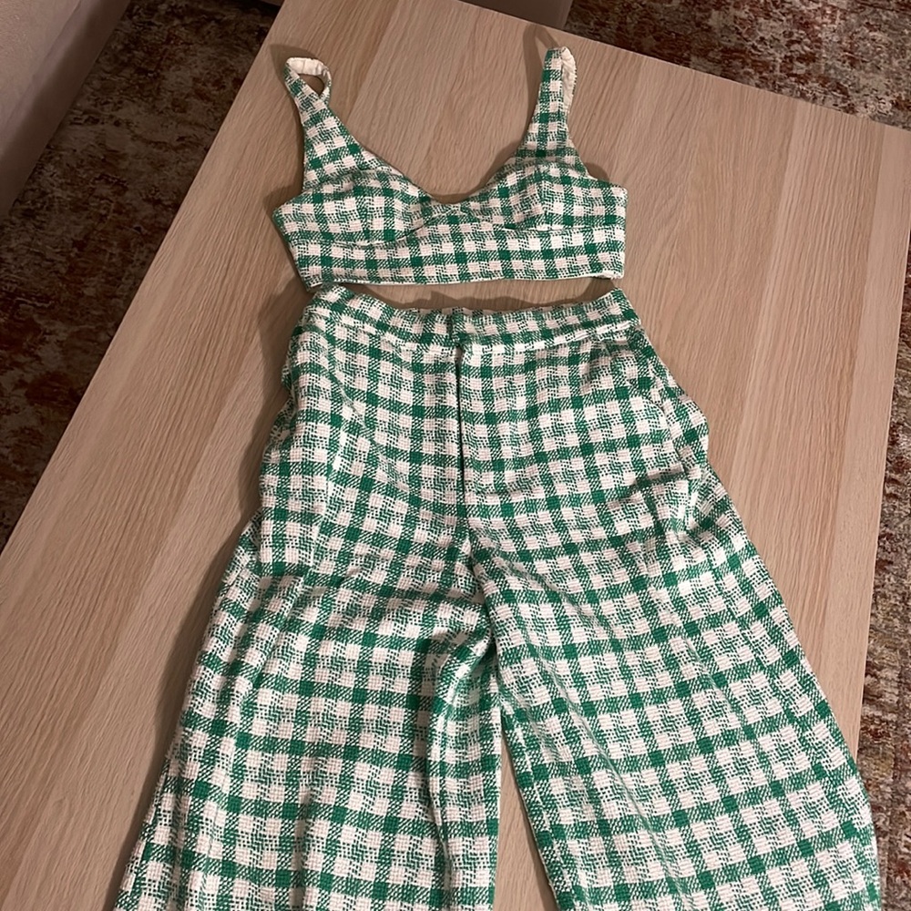 Zara Checkered Green and Cream Wide Leg Pants
